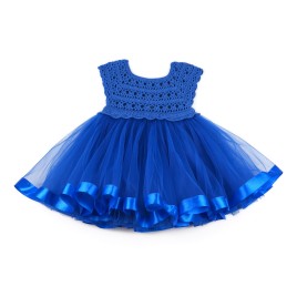 Rochie albastră cu bust croșetat manual și fustă din tulle cu margini satinate