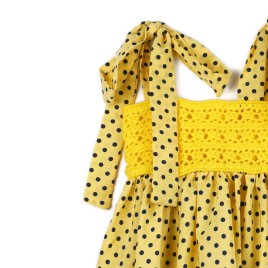 Rochiță de vară cu bust croșetat manual, buline și nasturi la spate - Galben