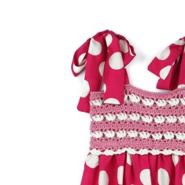 Rochiță de vară cu bust croșetat manual și imprimeu cu buline - Roz