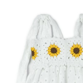 Rochiță de vară cu bust croșetat manual și flori floarea-soarelui - Alb