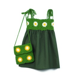 Set rochiță de vară cu bust croșetat și margarete + poșetuță – Verde
