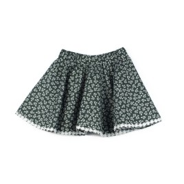 Fustiță cloș verde închis cu imprimeu floral și dantelă albă la tiv