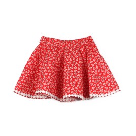 Fustiță cloș roșie cu imprimeu floral alb și tiv din dantelă