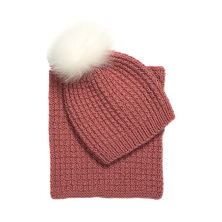 Set căciulă cu moț și guler lână merino roz somon - Tricotat manual | EVANTAI.ro