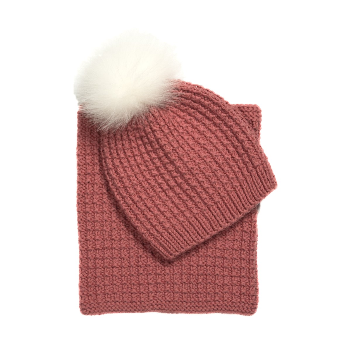 Set căciulă cu moț și guler lână merino roz somon - Tricotat manual | EVANTAI.ro