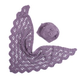 Set șal și căciulă tricotate manual din lână merino – Lila delicat, eleganță și rafinament