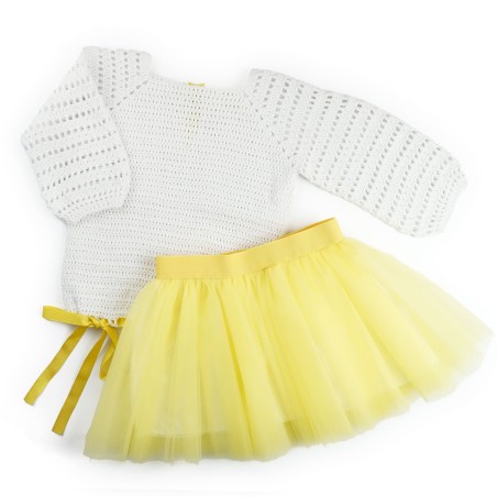 Set fustiță din tulle și bluză croșetată manual – Galben pastel și alb