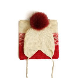 Set căciulă și fular tricotate manual crem-roșu cu moț | EVANTAI.ro