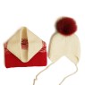 Set căciulă și fular tricotate manual crem-roșu cu moț | EVANTAI.ro