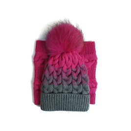 Set căciulă și fular tricotate manual roz-gri cu moț roz | EVANTAI.ro