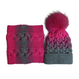 Set căciulă și fular tricotate manual roz-gri cu moț roz | EVANTAI.ro