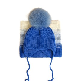 Set căciulă și guler albastru cobalt din lână merino - Handmade cu degrade pastel | Accesorii iarnă