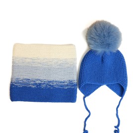 Set căciulă și guler albastru cobalt din lână merino - Handmade cu degrade pastel | Accesorii iarnă