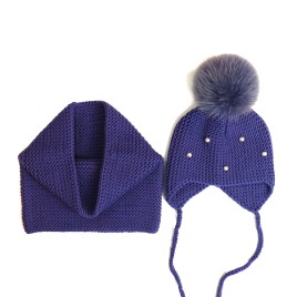 Set căciulă și guler mov regal din lână merino - Tricotat manual | Handmade Premium