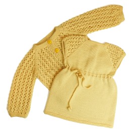 Set rochiță și cardigan din lână merino - Bej tricotat manual pentru fetițe | EVANTAI.ro